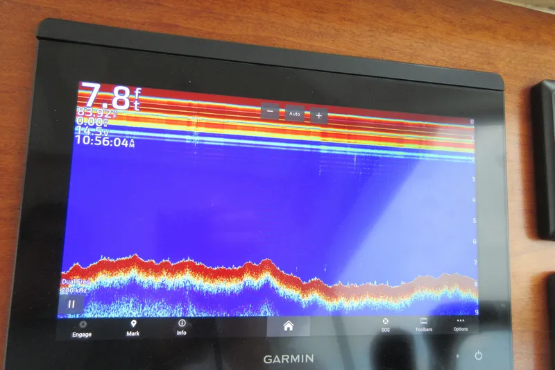 Swell Yacht Photos Pics Garmin marine display on 2020 Back Cove 34O, showing sonar depth of 7.8 feet.