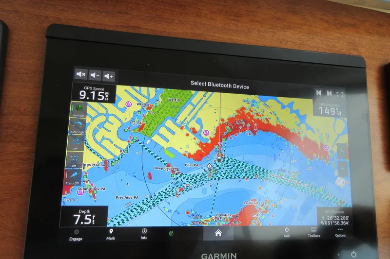 Swell Yacht Photos Pics Garmin navigation display on 2020 Back Cove 34O boat, showing GPS speed and depth.