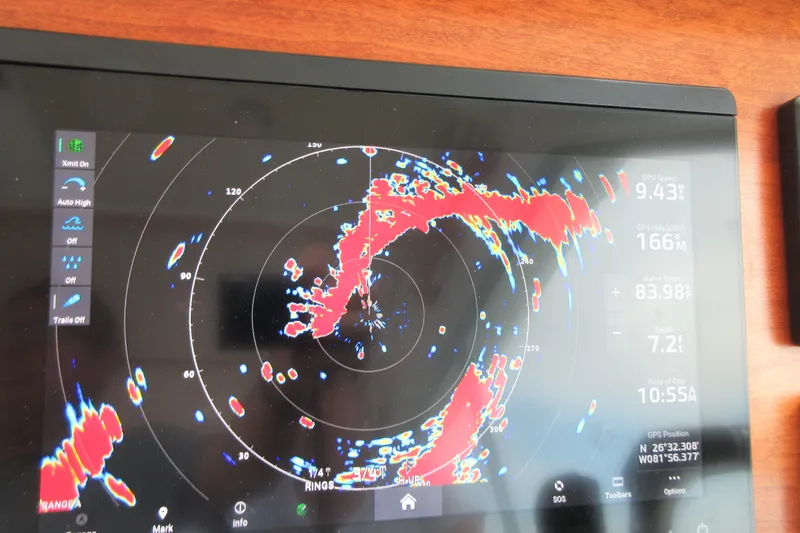 Swell Yacht Photos Pics Radar display on 2020 Back Cove 34O boat showing navigation data and weather conditions.