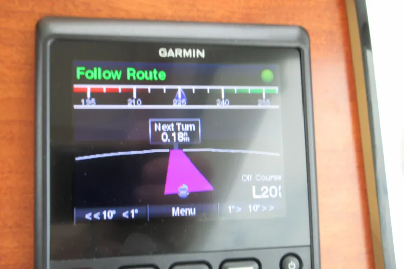 Swell Yacht Photos Pics Garmin navigation display on 2020 Back Cove 34O, showing route and next turn details.