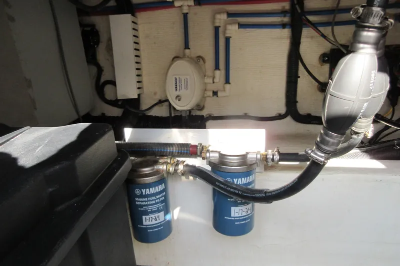 Swell Yacht Photos Pics Engine compartment of 2020 Back Cove 34O with Yamaha fuel filters and hoses.