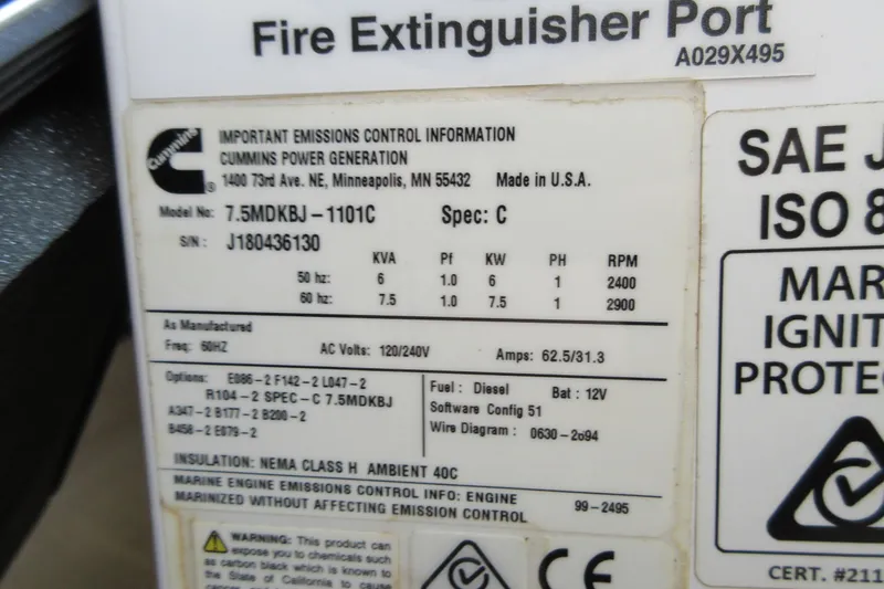 Swell Yacht Photos Pics Label on Cummins generator, model 7.5MDKBJ-1101C, with emissions and specifications.