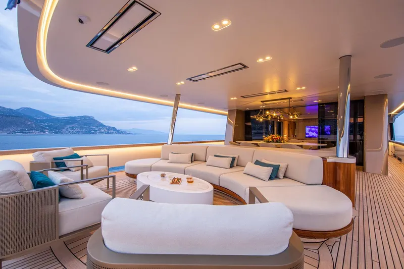 Lady Lene Yacht Photos Pics Luxurious 2021 Van der Valk Custom 34M Explorer yacht interior with elegant seating and ocean view.