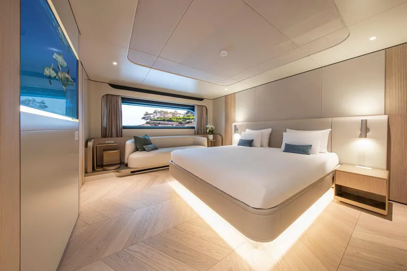 Lady Lene Yacht Photos Pics Luxurious bedroom interior of 2021 Van der Valk Custom 34M Explorer yacht.