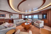 Luxurious yacht interior with elegant seating, wooden accents, and ocean view, R.B Dereli 2004 model.