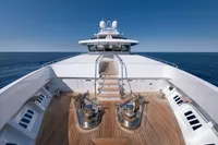 Luxurious R.B Dereli 2004 yacht deck with wooden flooring and ocean view.
