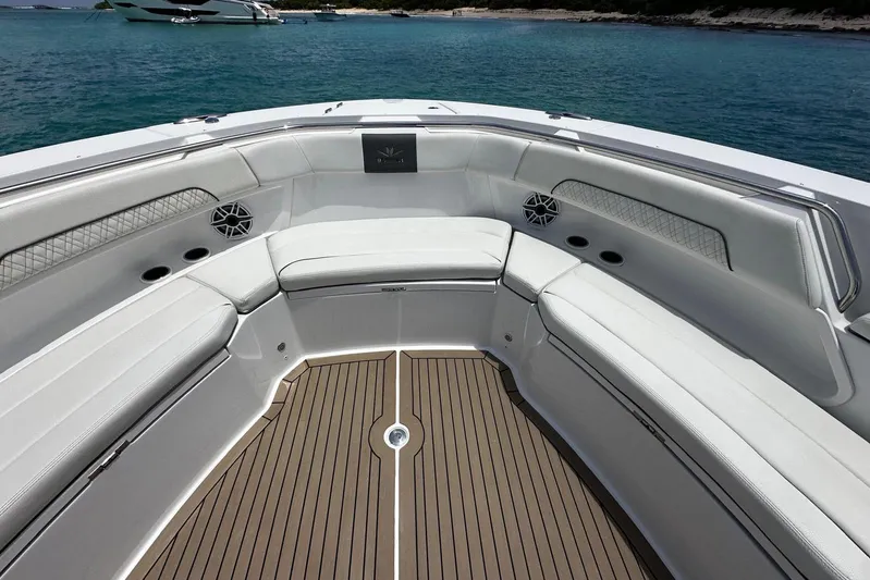  Yacht Photos Pics Luxurious seating area on 2022 Bertram 39 CC boat with ocean view.