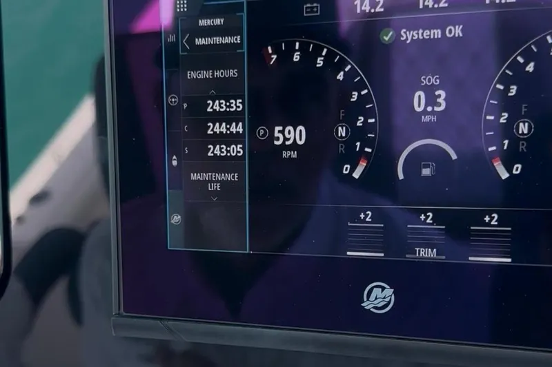  Yacht Photos Pics Dashboard of a 2022 Bertram 39 CC showing engine hours and RPM.