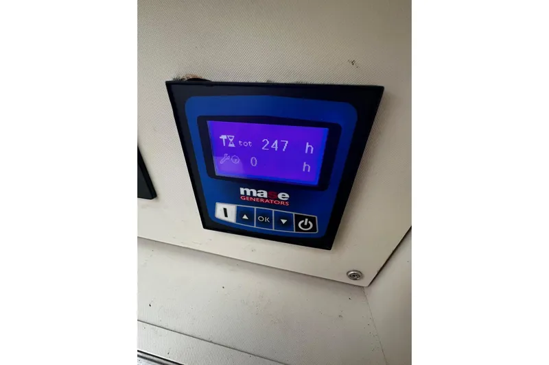  Yacht Photos Pics Control panel display on 2022 Bertram 39 CC boat, showing 247 hours.