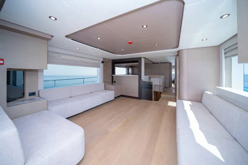  Yacht Photos Pics Luxurious interior of 2024 Nomad 75 SUV yacht with modern design and spacious seating.