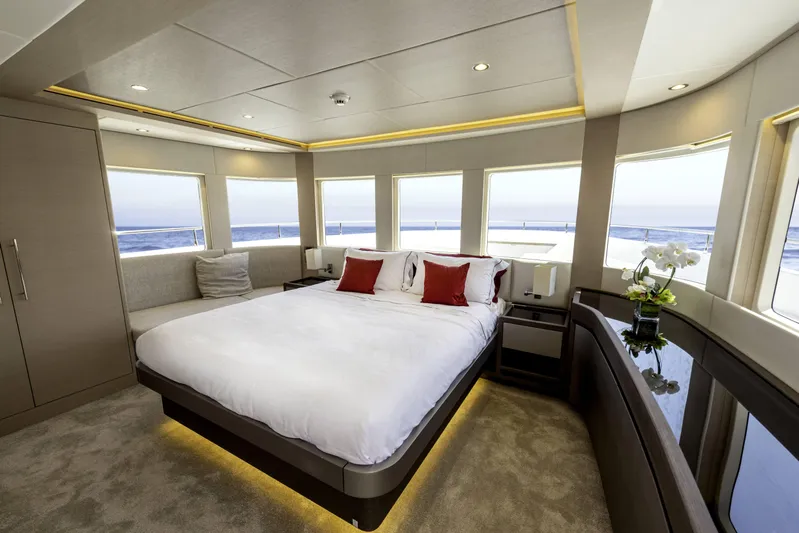  Yacht Photos Pics Luxurious bedroom interior of 2024 Nomad 75 SUV yacht with ocean view and modern decor.