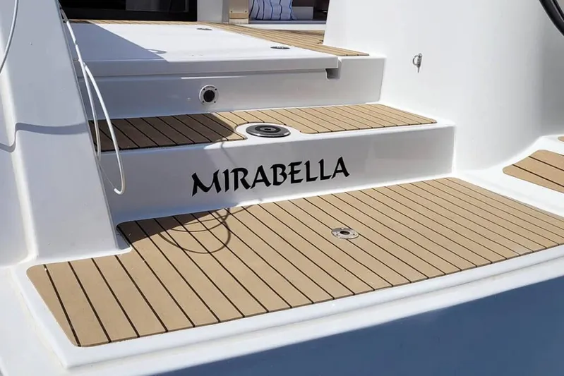 Mirabella Yacht Photos Pics Bali 4.2 yacht, 2022 model, featuring teak deck steps and "Mirabella" name.