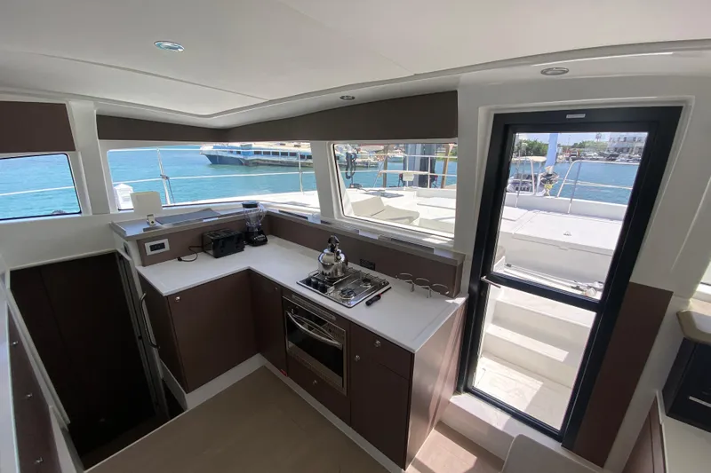Mirabella Yacht Photos Pics Modern kitchen interior on 2022 Bali 4.2 yacht with ocean view.