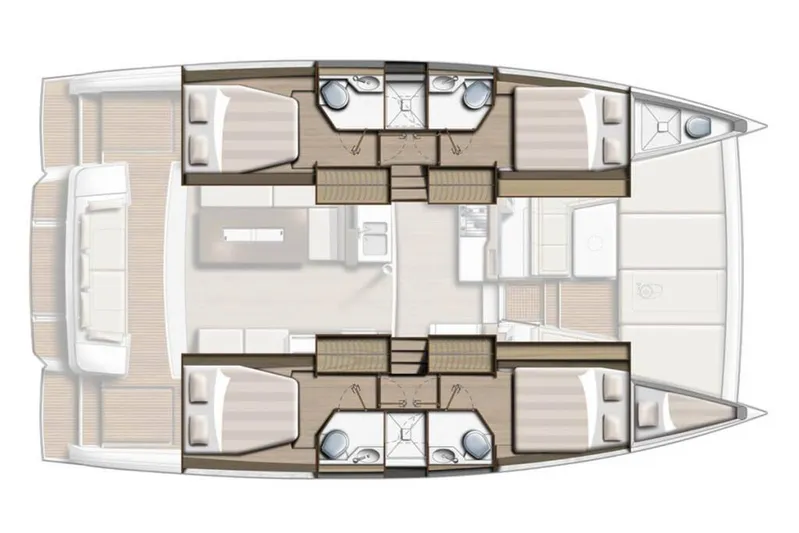 Mirabella Yacht Photos Pics Floor plan of 2022 Bali 4.2 catamaran, featuring cabins and bathrooms.