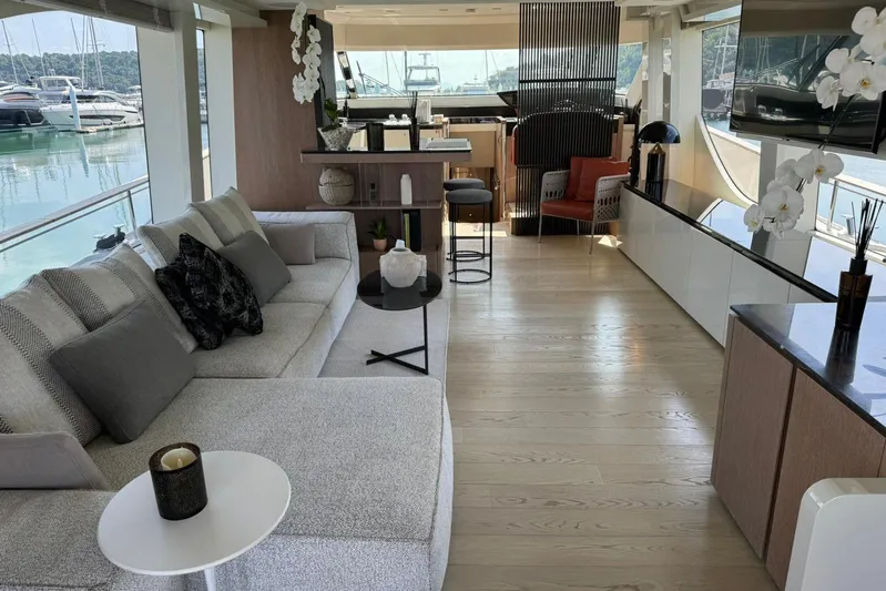  Yacht Photos Pics Luxurious interior of 2019 Monte Carlo Yachts MCY 70 with elegant furnishings and marina view.