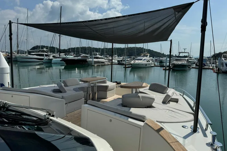  Yacht Photos Pics Luxurious 2019 Monte Carlo Yachts MCY 70 at marina, featuring elegant outdoor seating.