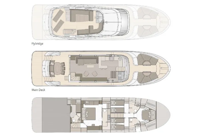  Yacht Photos Pics Floor plan of 2019 Monte Carlo Yachts MCY 70, showcasing flybridge, main deck, and lower deck layouts.
