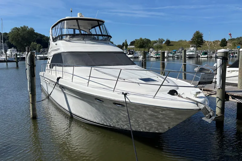  Yacht Photos Pics 2002 Sea Ray 560 Sedan Bridge yacht docked in a marina under clear blue skies.