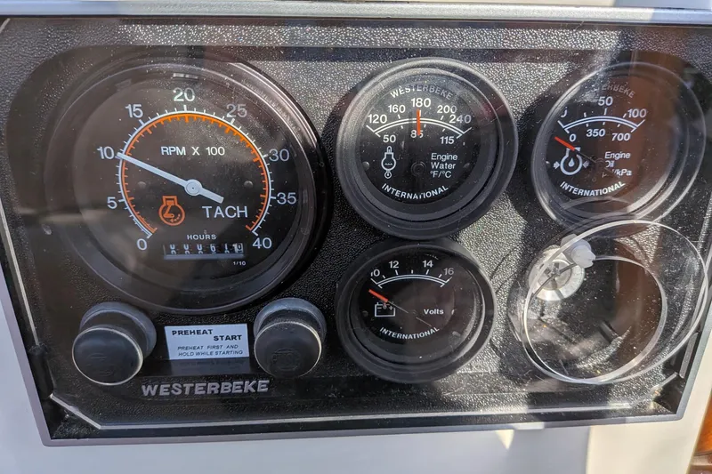  Yacht Photos Pics Instrument panel of a 2003 Gozzard 37 boat with tachometer and engine gauges.