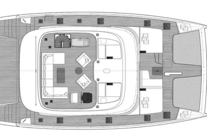 Gracious Yacht Photos Pics Floor plan of 2021 Sunreef 60 yacht, featuring spacious deck and seating areas.