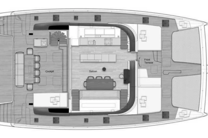 Gracious Yacht Photos Pics Floor plan of a 2021 Sunreef 60 yacht, featuring cockpit, saloon, and front terrace.