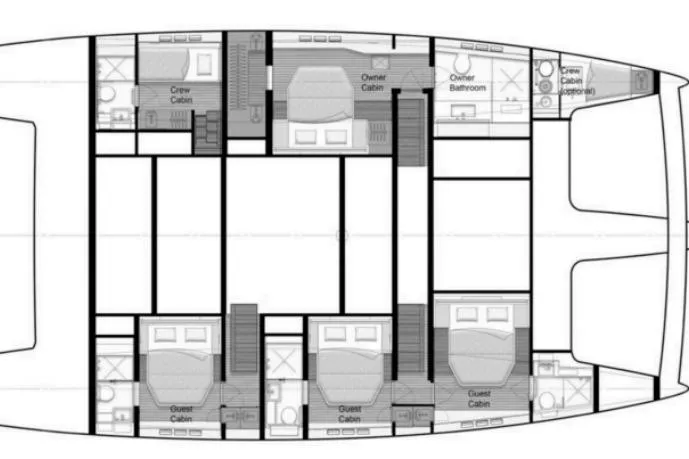 Gracious Yacht Photos Pics Floor plan of a 2021 Sunreef 60 yacht, featuring cabins and bathrooms layout.