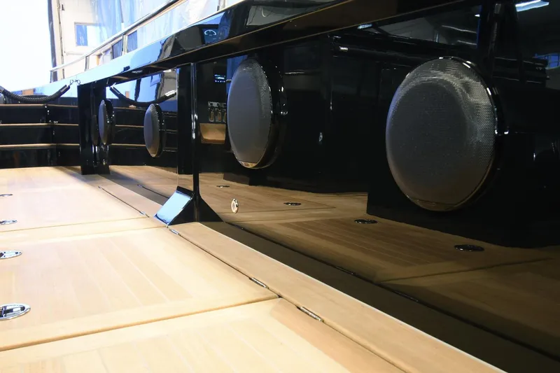 Windy Sr52 Yacht Photos Pics 2021 Windy SR52 yacht interior with sleek black finish and integrated speakers.