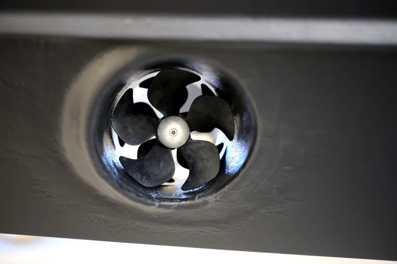 Windy Sr52 Yacht Photos Pics Close-up of a 2021 Windy SR52 boat propeller in a dark hull.