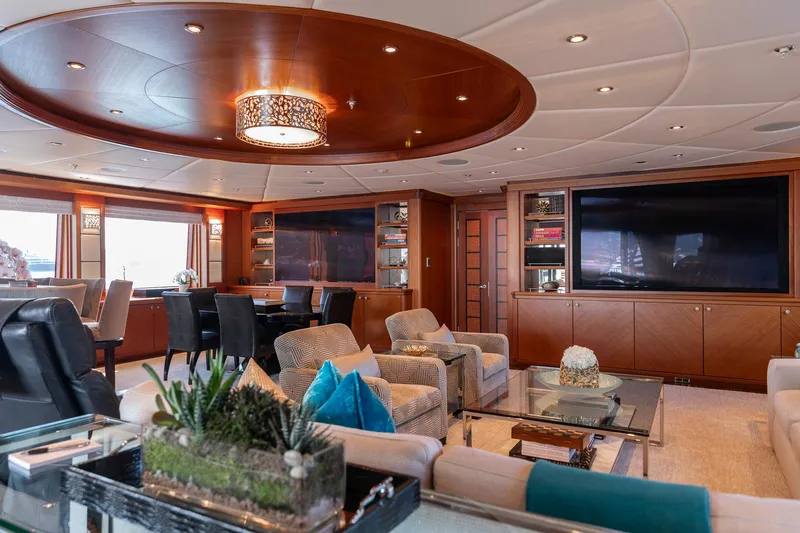 Skyfall Yacht Photos Pics Luxurious interior of 2010 Trinity Yachts motor yacht with elegant seating and modern decor.