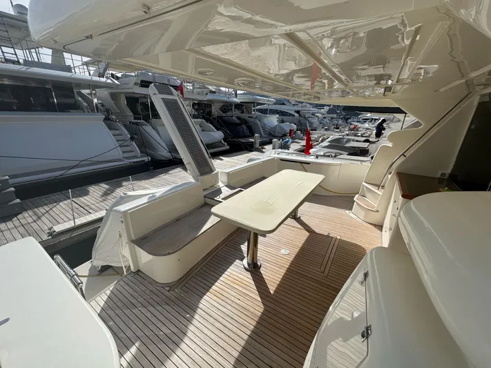  Yacht Photos Pics 2007 Ferretti Yachts 630, spacious deck area with seating and table, docked at marina.