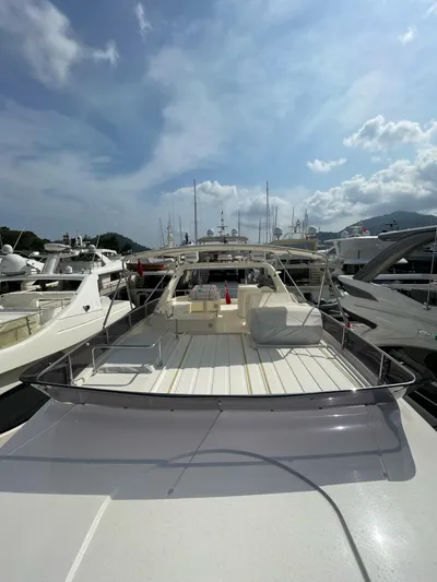  Yacht Photos Pics 2007 Ferretti Yachts 630 docked, showcasing spacious deck under a partly cloudy sky.