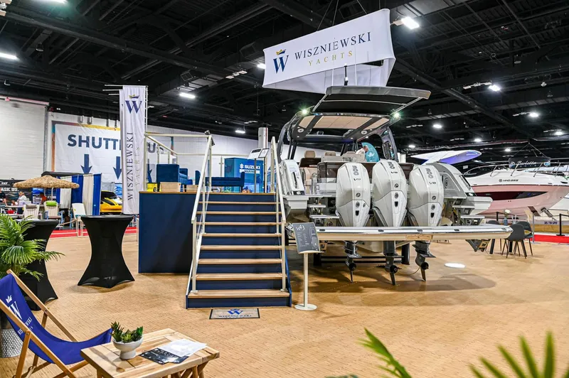  Yacht Photos Pics 2024 Wiszniewski Yachts W43 on display at a boat show, featuring multiple engines.