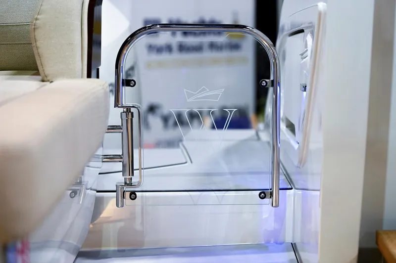  Yacht Photos Pics 2024 Wiszniewski Yachts W43 interior detail with chrome and glass accents.
