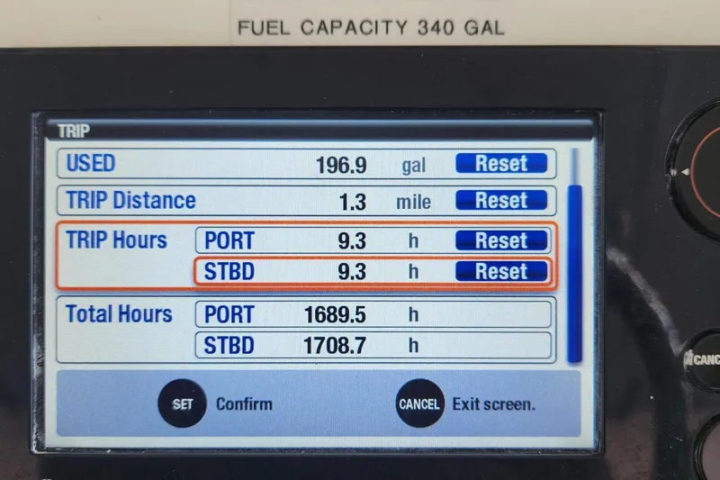  Yacht Photos Pics Display screen of a 2012 SeaVee 340B showing trip and fuel data.
