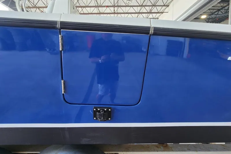  Yacht Photos Pics Blue 2012 SeaVee 340B boat side panel with hatch and hinge detail.