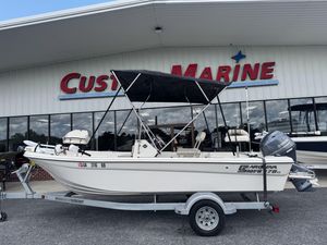 2020 Carolina Skiff 178JLS boat on trailer outside marine dealership.