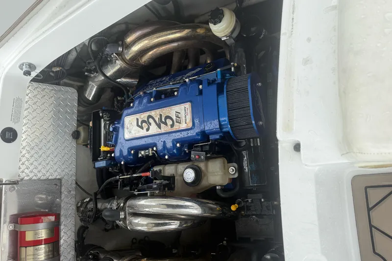  Yacht Photos Pics Engine compartment of a 2007 Cobalt 343 boat featuring a Mercury 525 EFI engine.