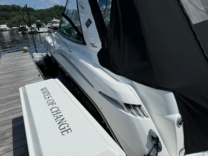  Yacht Photos Pics 2019 Monterey 335 SY boat docked, featuring "Waves of Change" text on the stern.