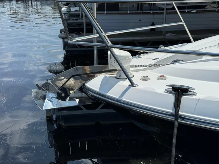  Yacht Photos Pics 2019 Monterey 335 SY boat docked, featuring sleek bow design and stainless steel anchor.