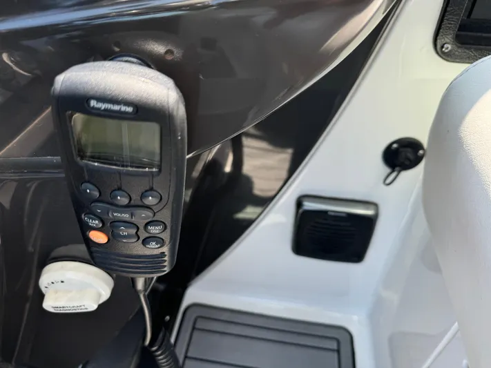  Yacht Photos Pics Close-up of a Raymarine marine radio on a 2019 Monterey 335 SY boat.