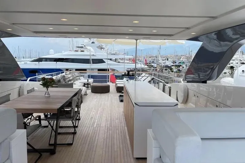  Yacht Photos Pics Luxurious 2019 Sanlorenzo SL106 yacht interior with elegant seating and dining area.