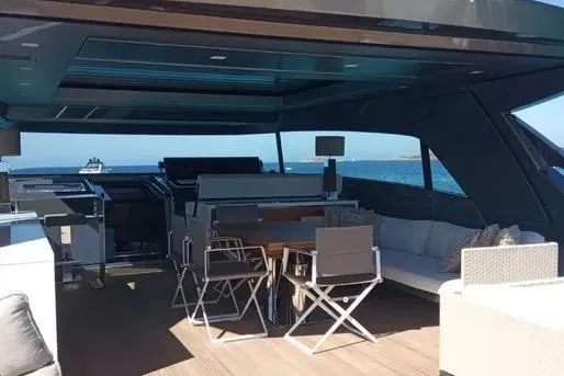 Yacht Photos Pics Luxurious 2019 Sanlorenzo SL106 yacht interior with modern seating and ocean view.