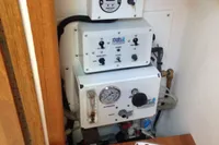 Control panel and gauges inside a 2011 Cabo Express 40 boat.