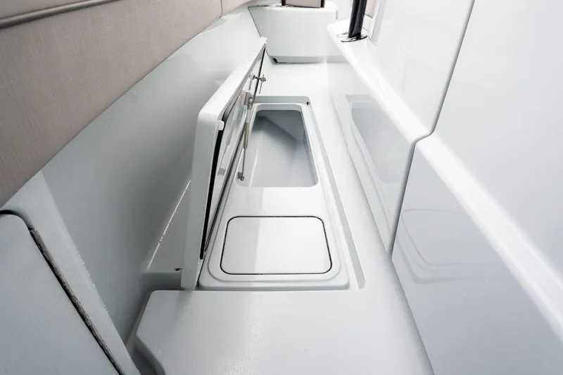  Yacht Photos Pics 2023 Valhalla Boatworks V-33 interior storage compartment detail.