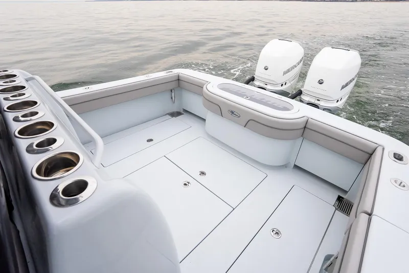  Yacht Photos Pics 2023 Valhalla Boatworks V-33 with twin Mercury engines on calm water.