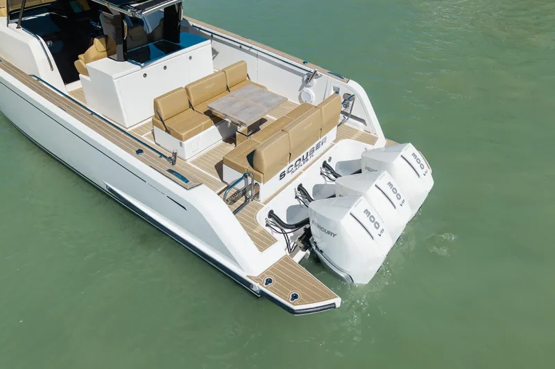 Scouser Yacht Photos Pics 2025 Pardo Yachts P38R with twin Mercury outboards, luxury seating, and sleek design on water.