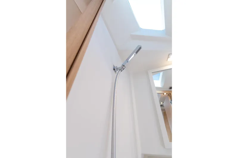 Scouser Yacht Photos Pics Interior shower of 2025 Pardo Yachts P38R, featuring sleek modern design and skylight.
