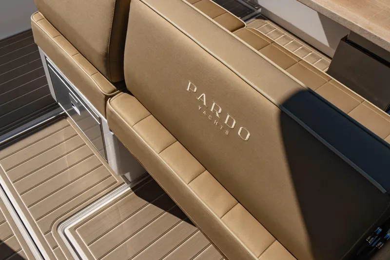 Scouser Yacht Photos Pics Luxurious seating on 2025 Pardo Yachts P38R, featuring elegant tan upholstery.