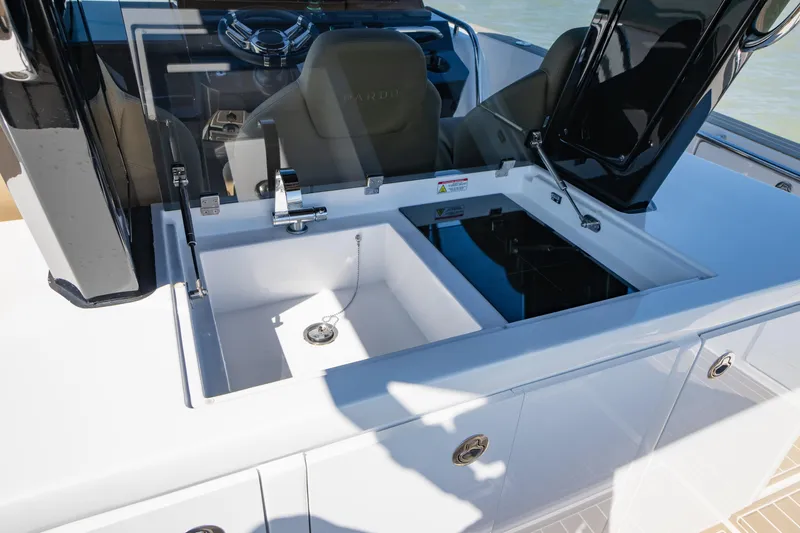 Scouser Yacht Photos Pics 2025 Pardo Yachts P38R yacht sink and countertop detail with modern design.