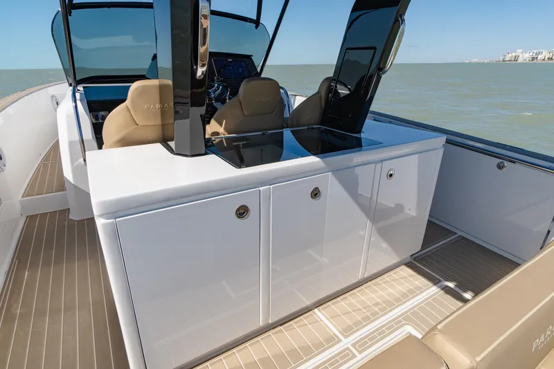 Scouser Yacht Photos Pics 2025 Pardo Yachts P38R interior with sleek design and modern controls on open water.